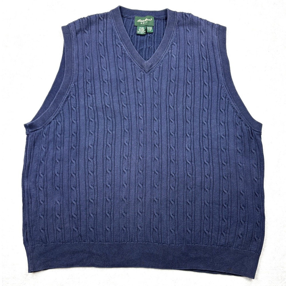 Eddie Bauer Golf Mens Large Tall Navy Blue Cable Knit Cotton V-Neck Sweater Vest
